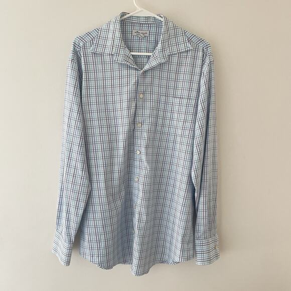 Peter Millar Summer Comfort Check Shirt M Blue Plaid Button Front Golf Casual - Picture 1 of 9